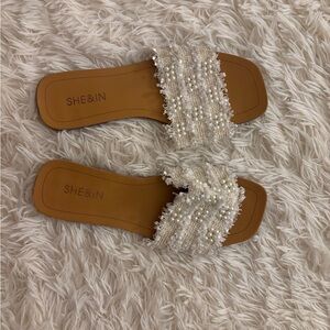SHEIN Cream Pearl-Embellished Woven Slide Mules
